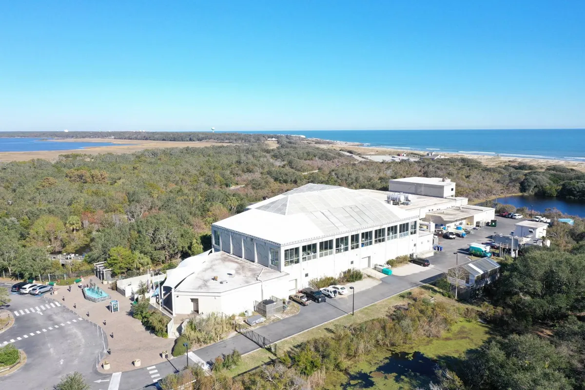 This exterior image features a large building surrounded by greenery, with a sweeping ocean view and a parking area visible. It hints at local amenities like recreation centers, event venues, or community spaces that are part of the broader resort experience. The natural setting and ocean backdrop convey tranquility, while the scale of the building suggests facilities suited for group activities and wellness retreats.